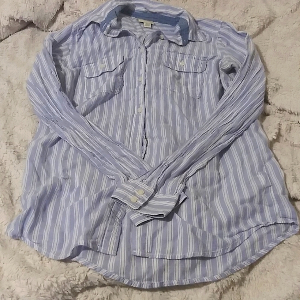 Blue and white stripped collared button up shirt long sleeved